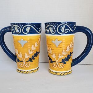 BELLA CASA by Ganz Mugs Cups Handpainted Tall Coffee Latte Blue Gold Vtg 2 Piece